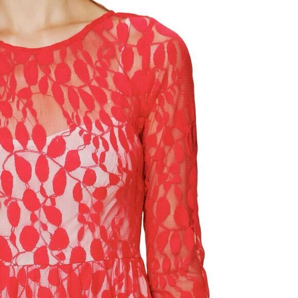 Free People FP Women 2 Floral Mesh Lace Mini Dress Red Lace Overlay 3/4 Sleeves - Picture 7 of 14